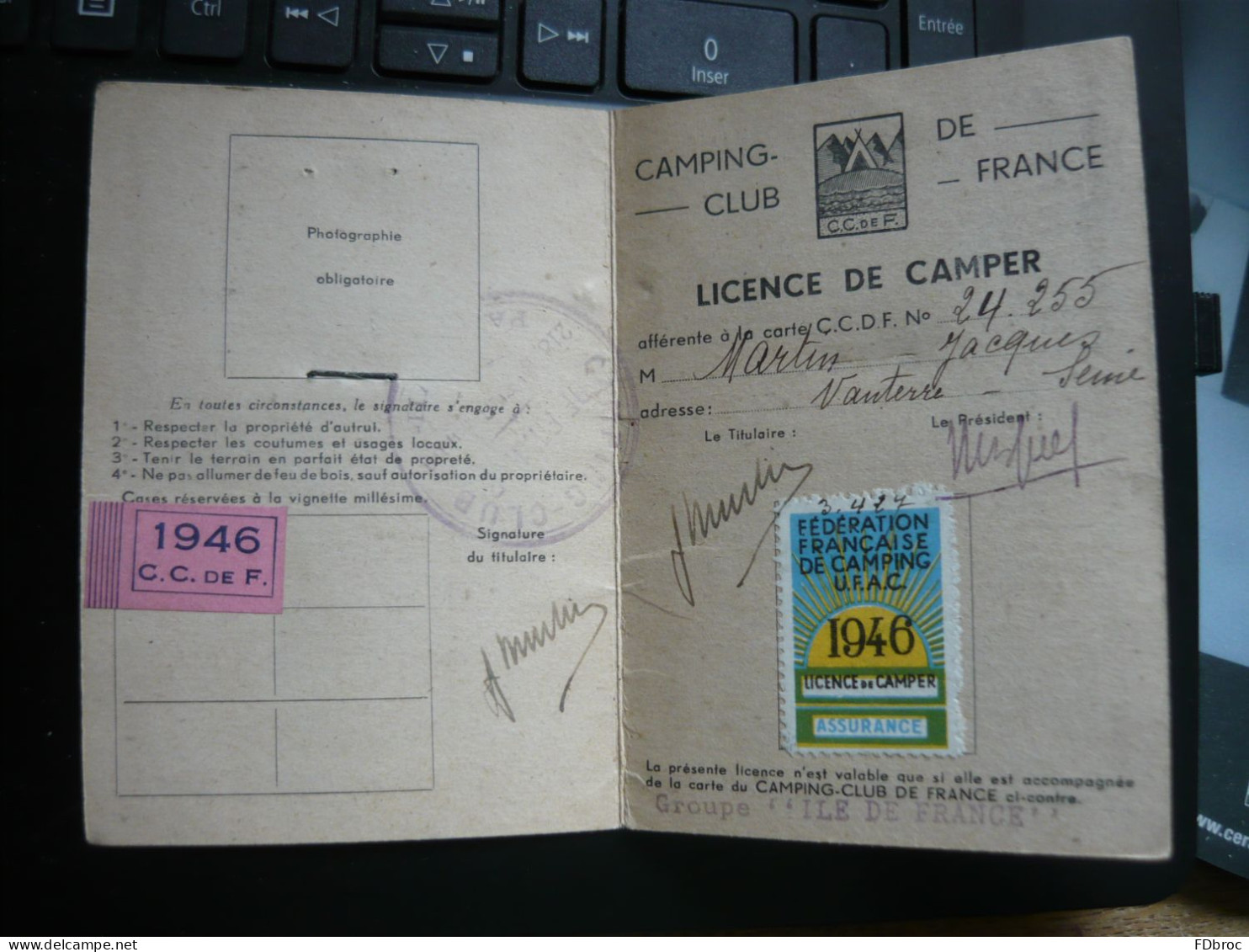Carte Ancienne Du Touring Club De France 1946 Campeurs Camping Club / VIGNETTES ERINNOPHILIE - Collections