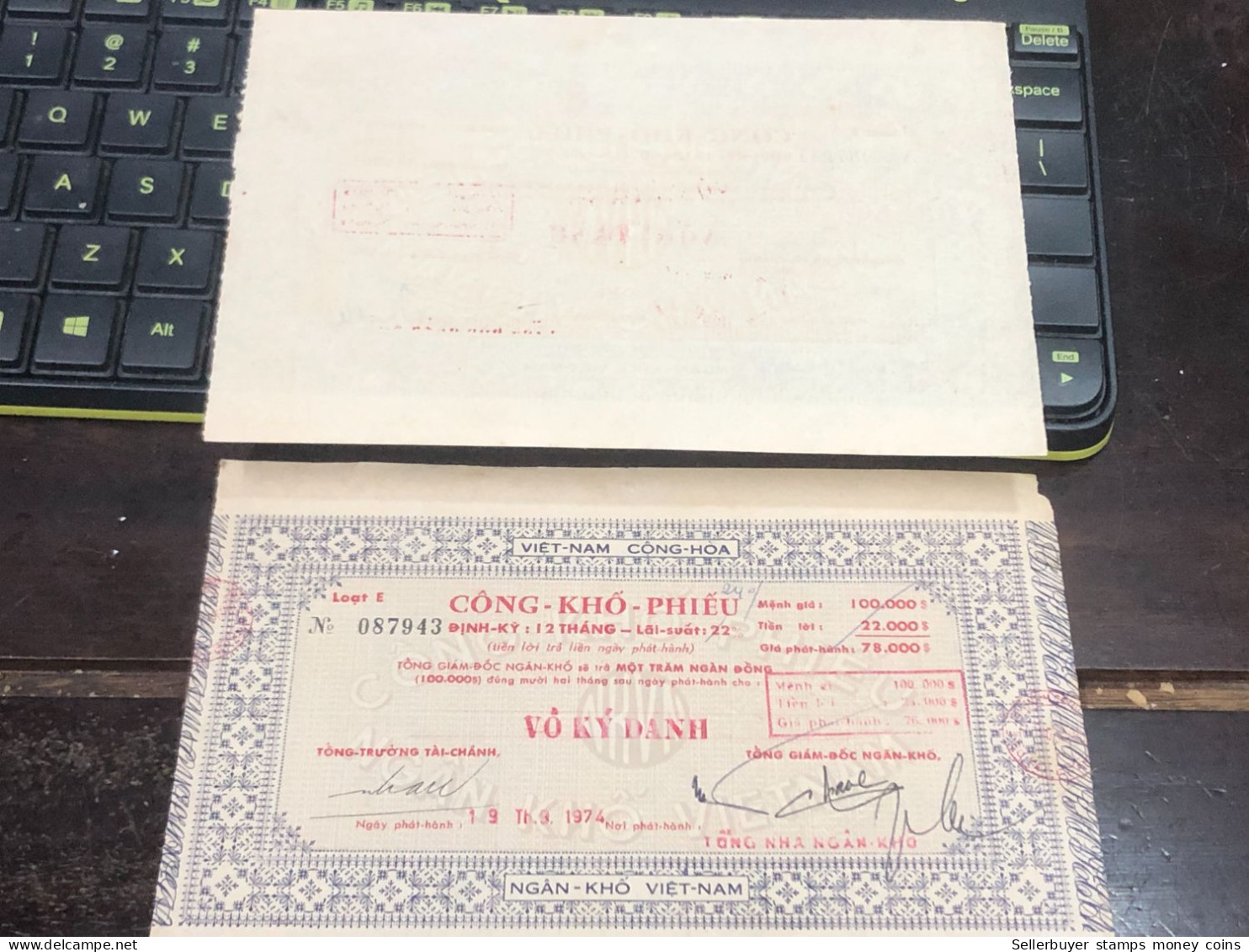 VIET NAM SOUTH PUBLIC DRY BOND BANK CHEC KING-78.000$1974-1 PCS - Viêt-Nam