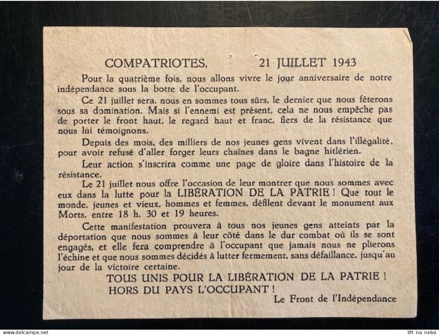 Tract Presse Clandestine Résistance Belge WWII WW2 'Compatriotes / 21 Juillet 1943' Pour La Quatrième Fois, Nous... - Documents