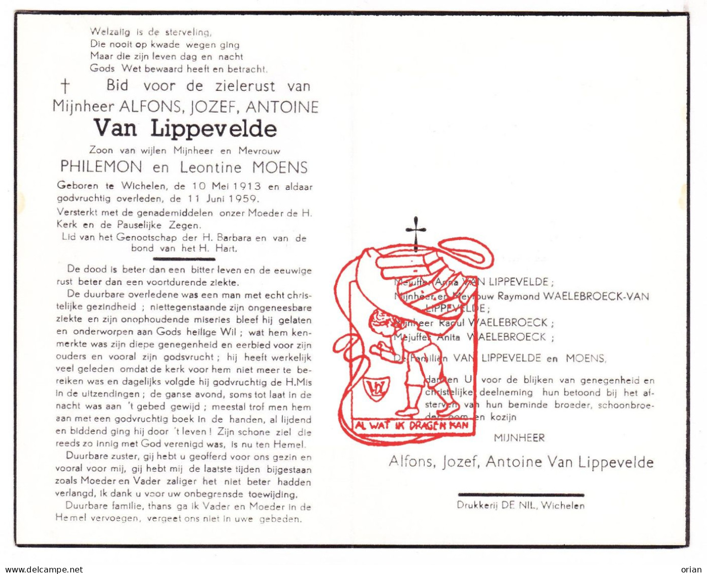 DP Alfons Jozef Van Lippevelde / Moens 46j. ° Wichelen 1913 † 1959 Waelebroeck - Imágenes Religiosas