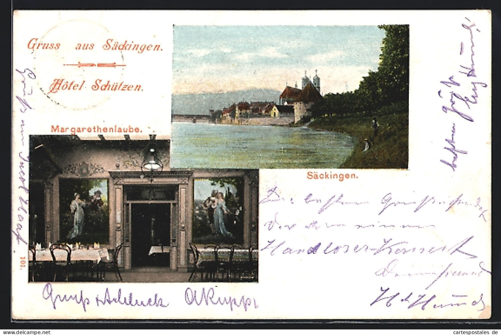 AK Säckingen, Ortspartie, Hotel Schützen, Margarethenlaube  - Bad Säckingen