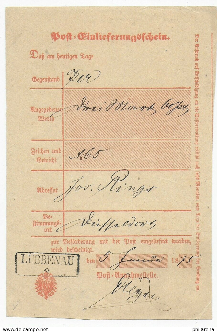 Post-Einlieferungsschein Lübbenau/Spreewald 1875 - Covers & Documents