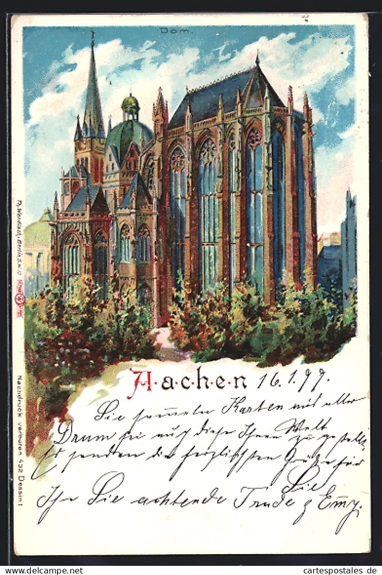 Lithographie Aachen, Motiv Vom Dom  - Aachen