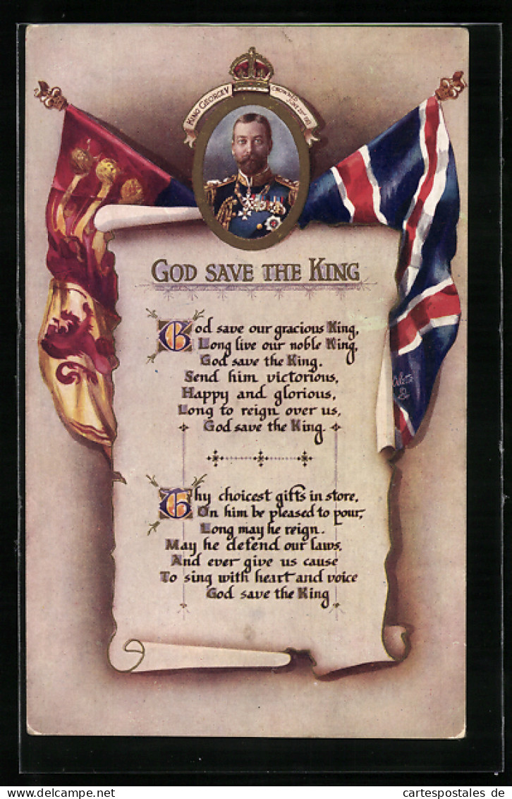 Artist's Pc God Save The King - Text, Portrait König George V., Flaggen  - Koninklijke Families