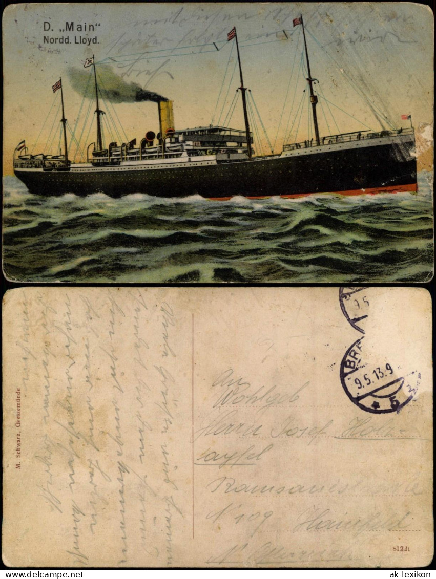 Ansichtskarte  Schiffe Dampfer Steamer D. "Main" Nordd. Lloyd. 1913 - Piroscafi