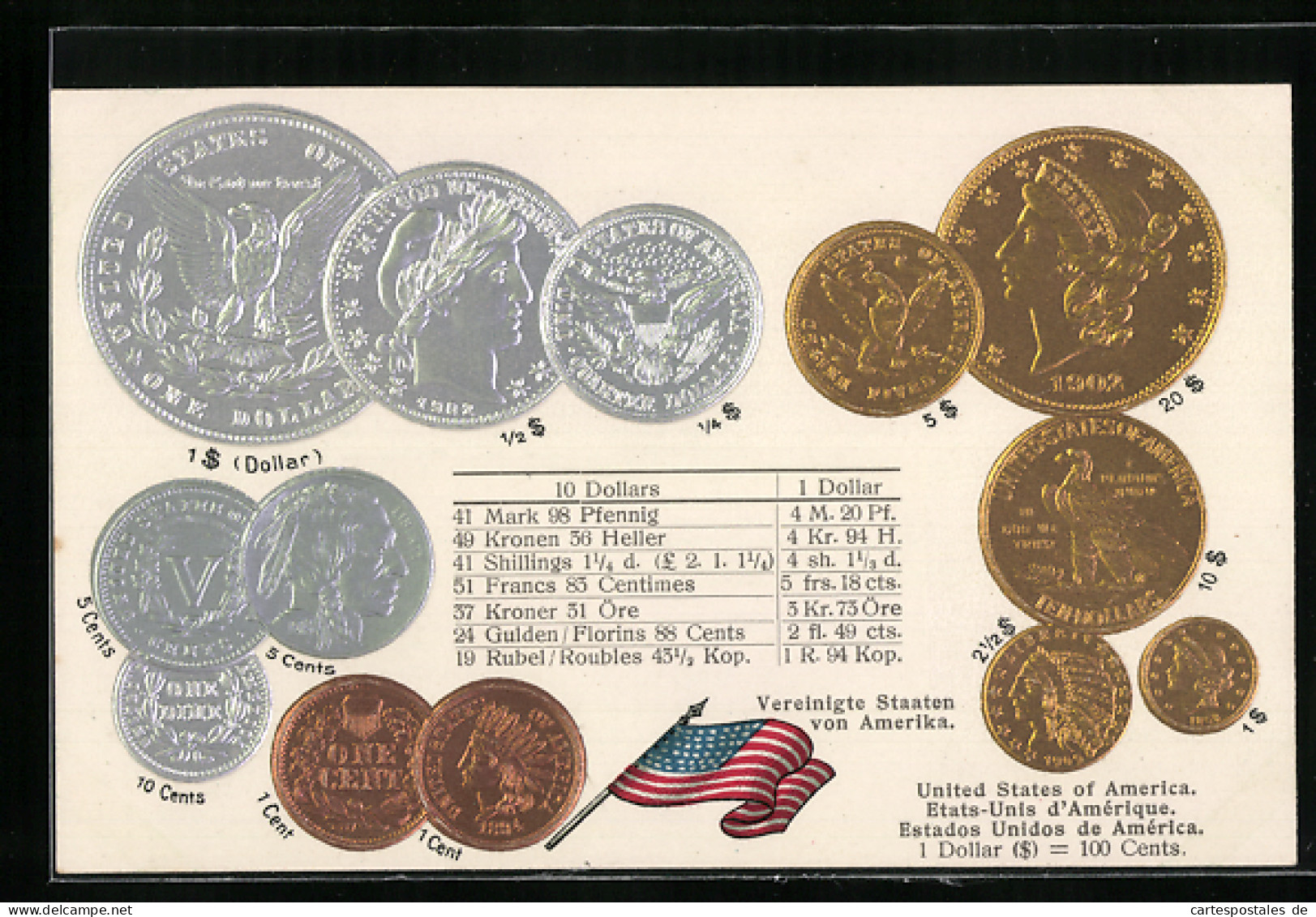 AK Vereinigte Staaten Von Amerika, Währungstabelle, Geldmünzen Und Nationalflagge  - Monedas (representaciones)