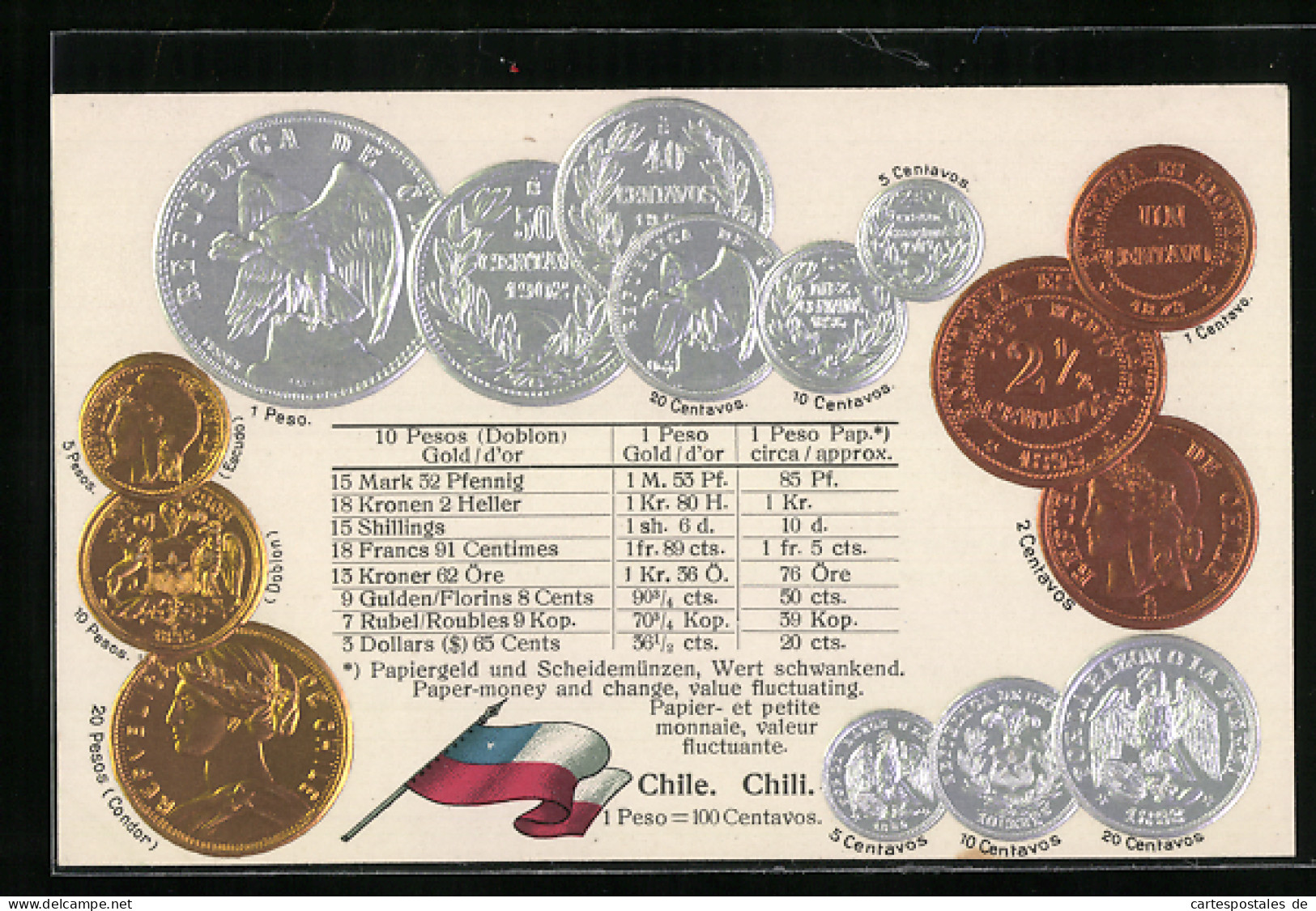 AK Chile, Nationalflagge Und Chilenische Münzen Mit Umrechnungstabelle  - Monete (rappresentazioni)