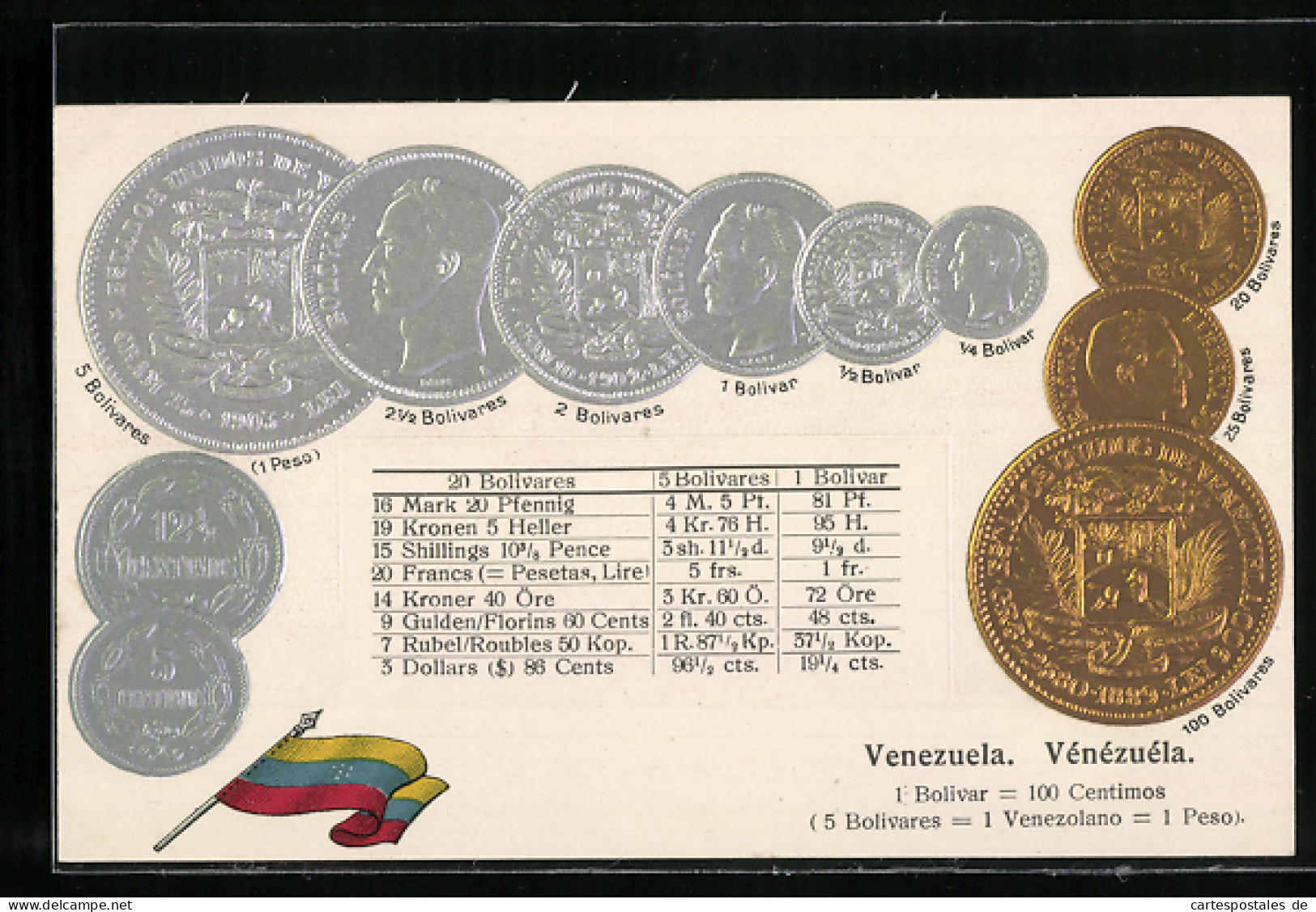 AK Venezuela, Nationalflagge Und Münzen Venezuelas Mit Umrechnungstabelle  - Munten (afbeeldingen)