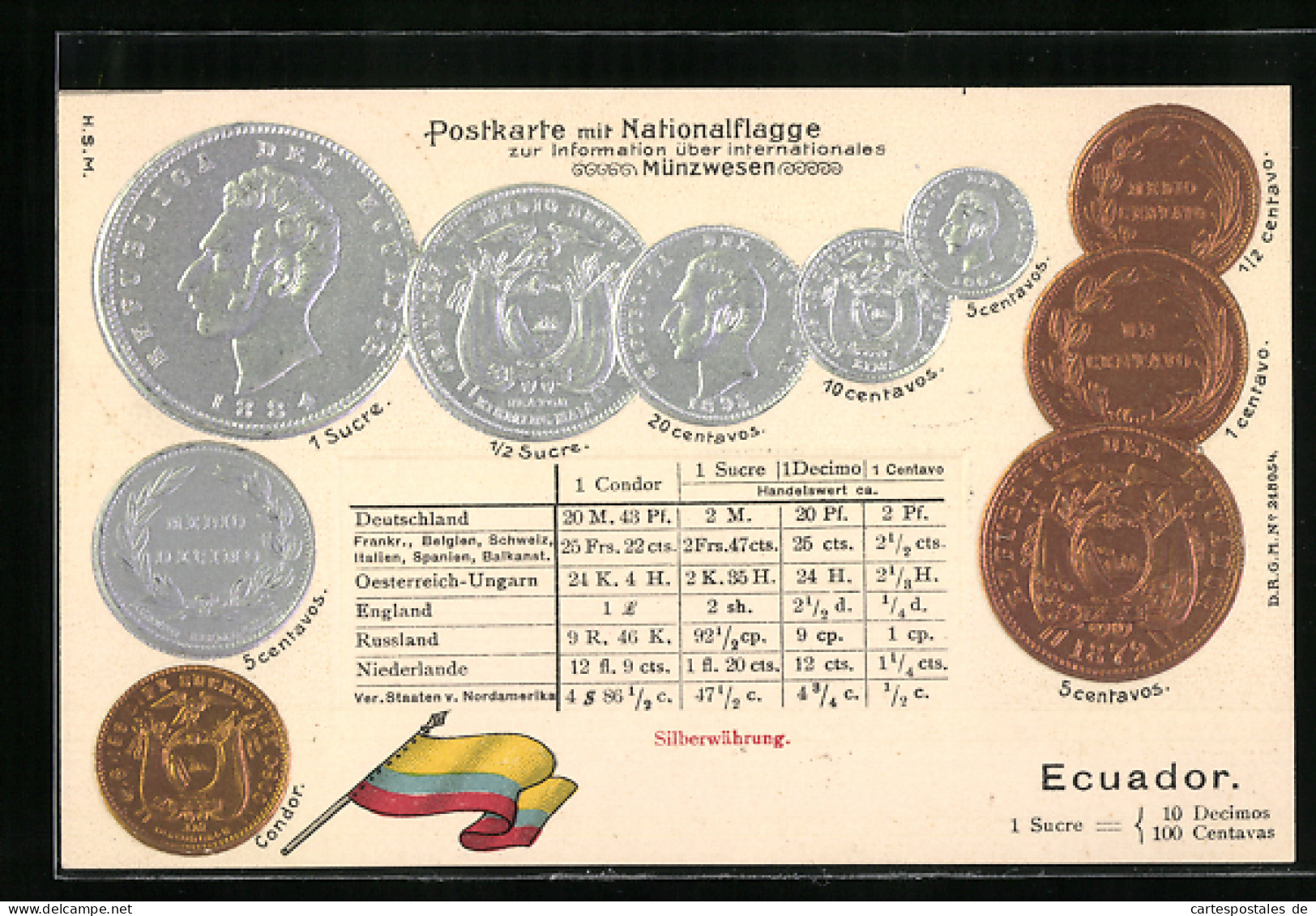 AK Münzen Und Nationalflagge Ecuador, Geld  - Monnaies (représentations)
