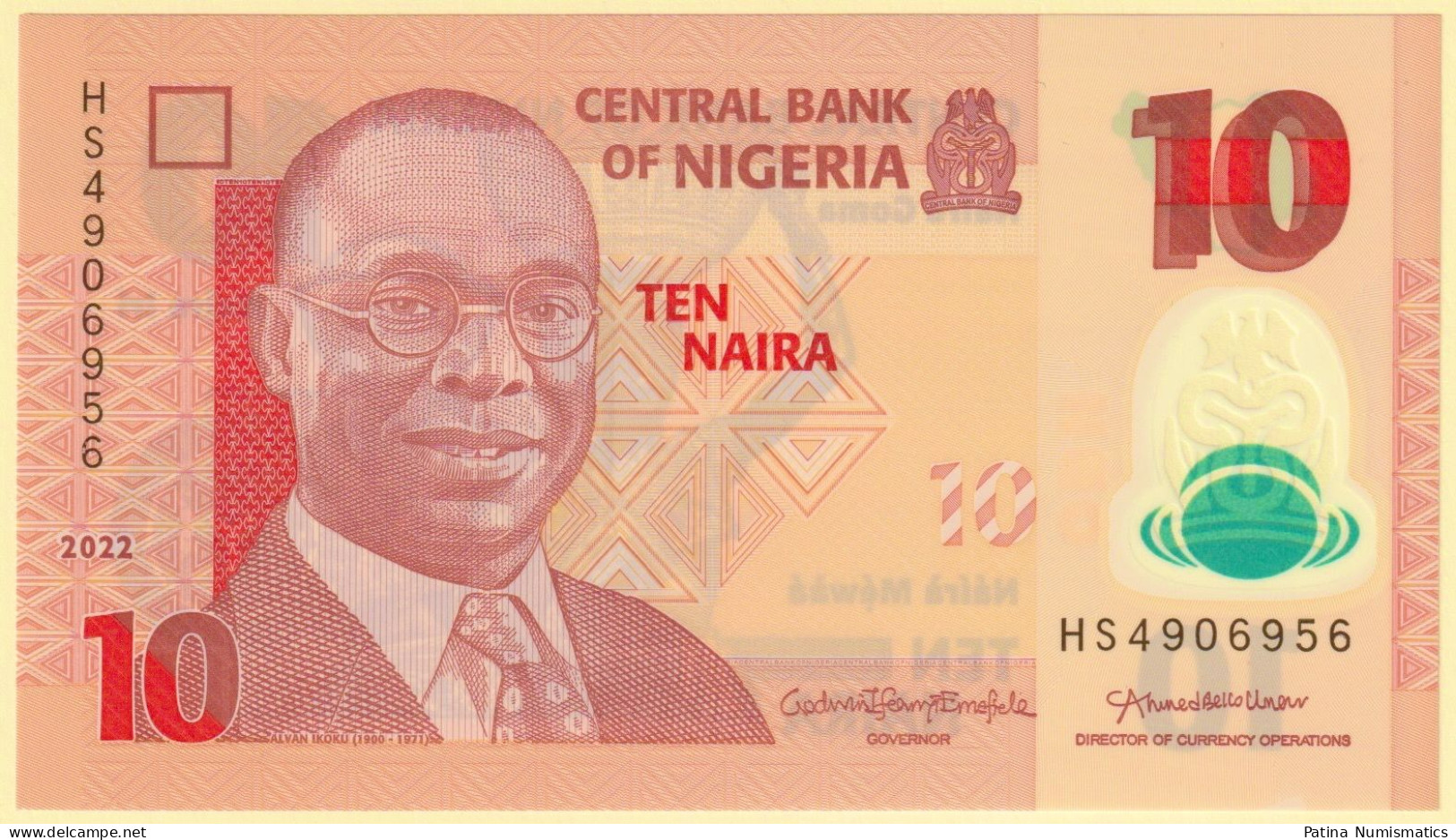 Nigeria 10 Naira. 2022. Polymer. P39m. “HS” Prefix. UNC - Nigeria