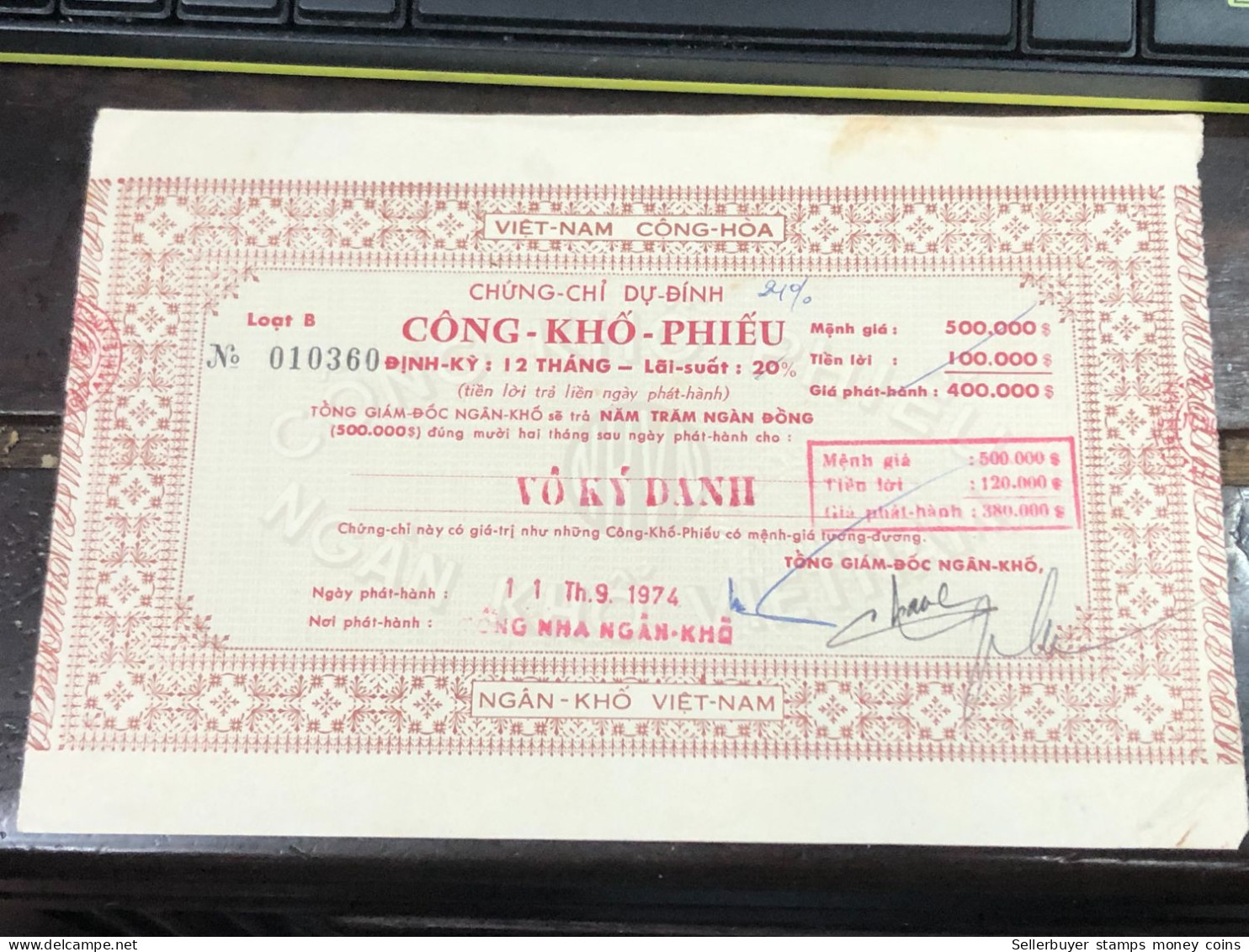 VIET NAM SOUTH PUBLIC DRY BOND BANK CHEC KING-400.000$1974-1 PCS - Viêt-Nam