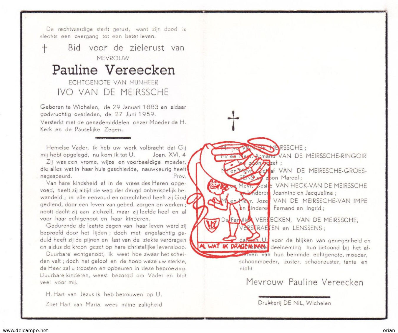 DP Pauline Vereecken ° Wichelen 1883 † 1959 Van De Meirssche // Ringoir Groessens Van Heck Van Impe Verstraeten Lenssens - Imágenes Religiosas