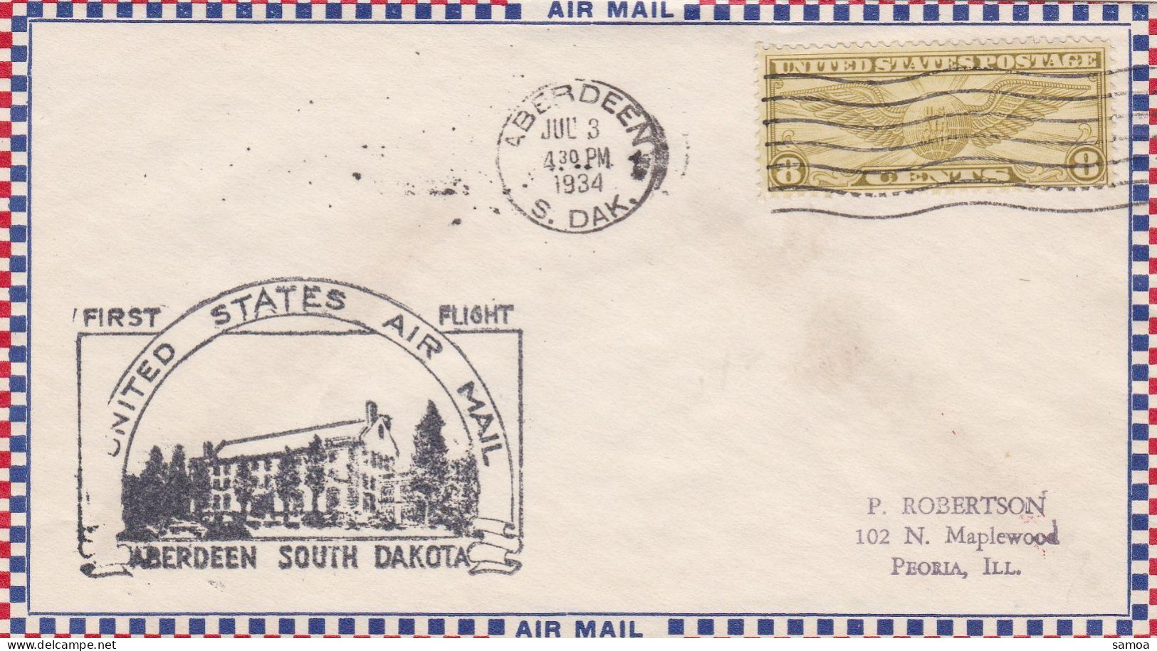 États-Unis FDC 1934 PA 16 Aviation Insigne De Pilote First Flight Aberdeen South Dakota - Airplanes