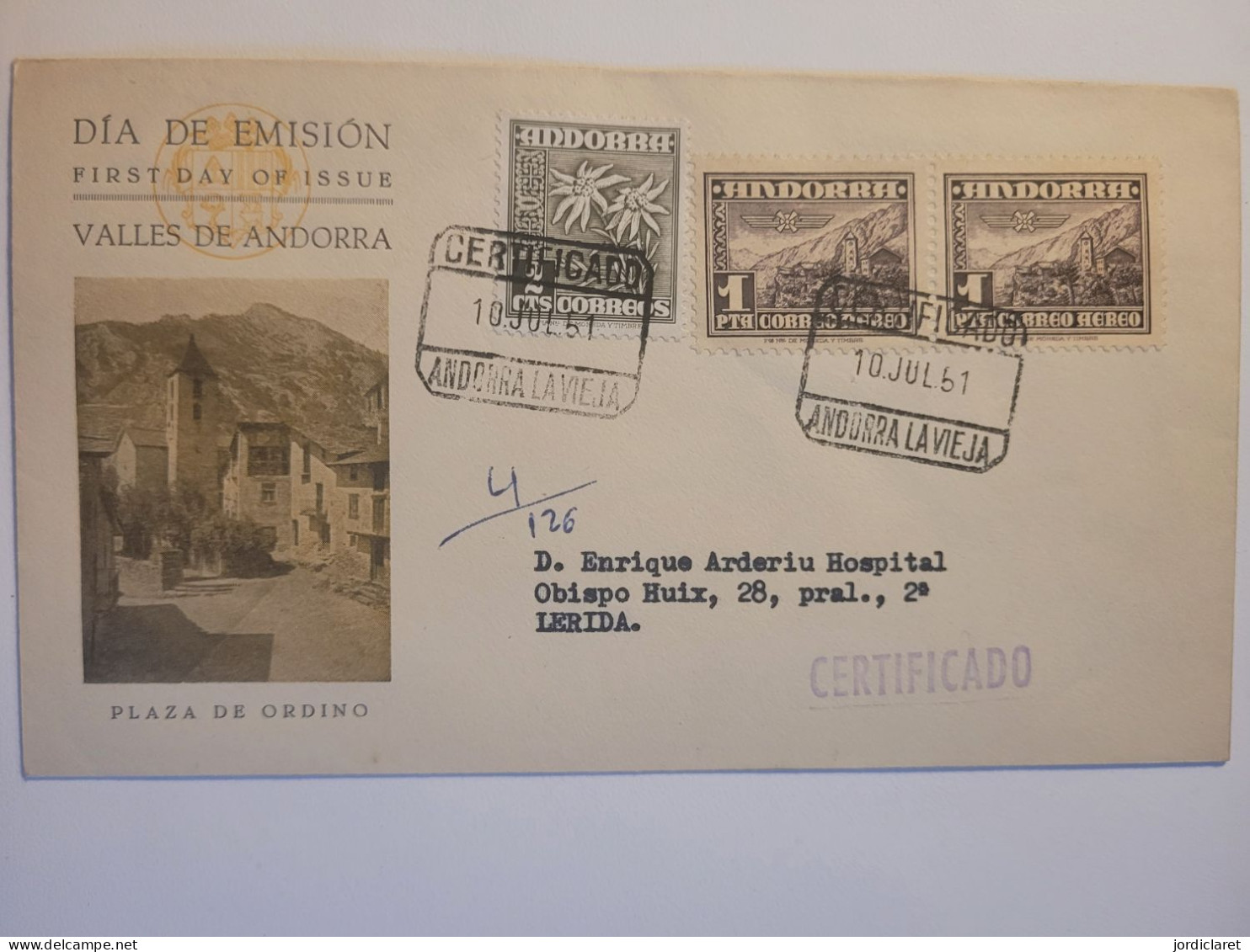 Carta 1951 CERTIFICADA ANDORRA LA VIEJA - Lettres & Documents