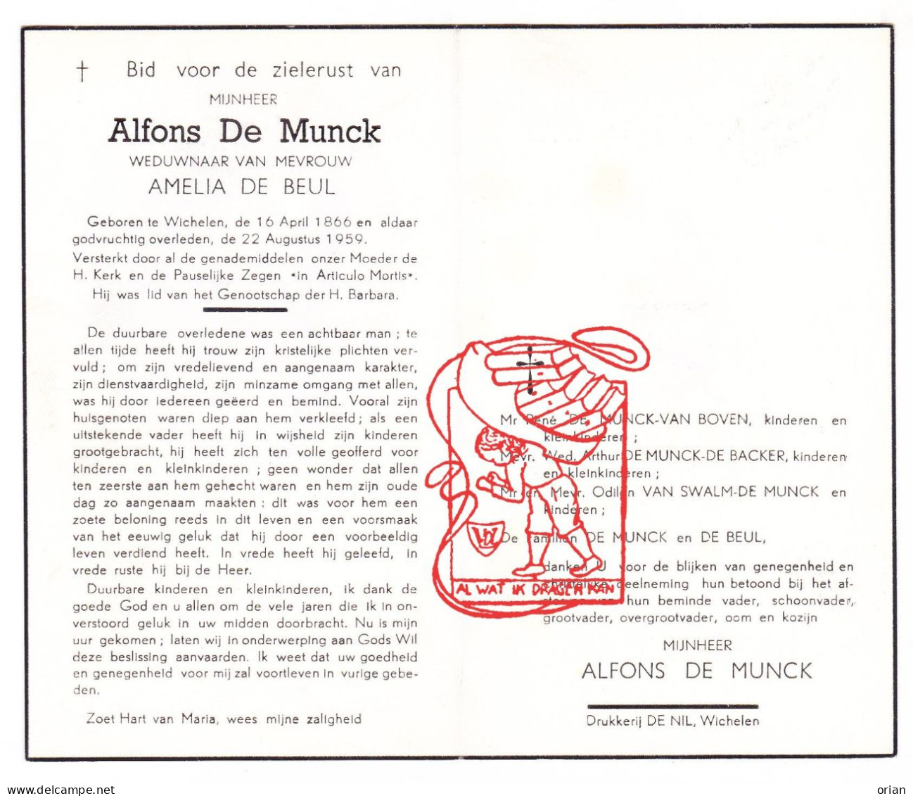 DP Alfons De Munck ° Wichelen 1866 † 1959 X Amelia De Beul // Van Boven De Backer Van Swalm - Imágenes Religiosas