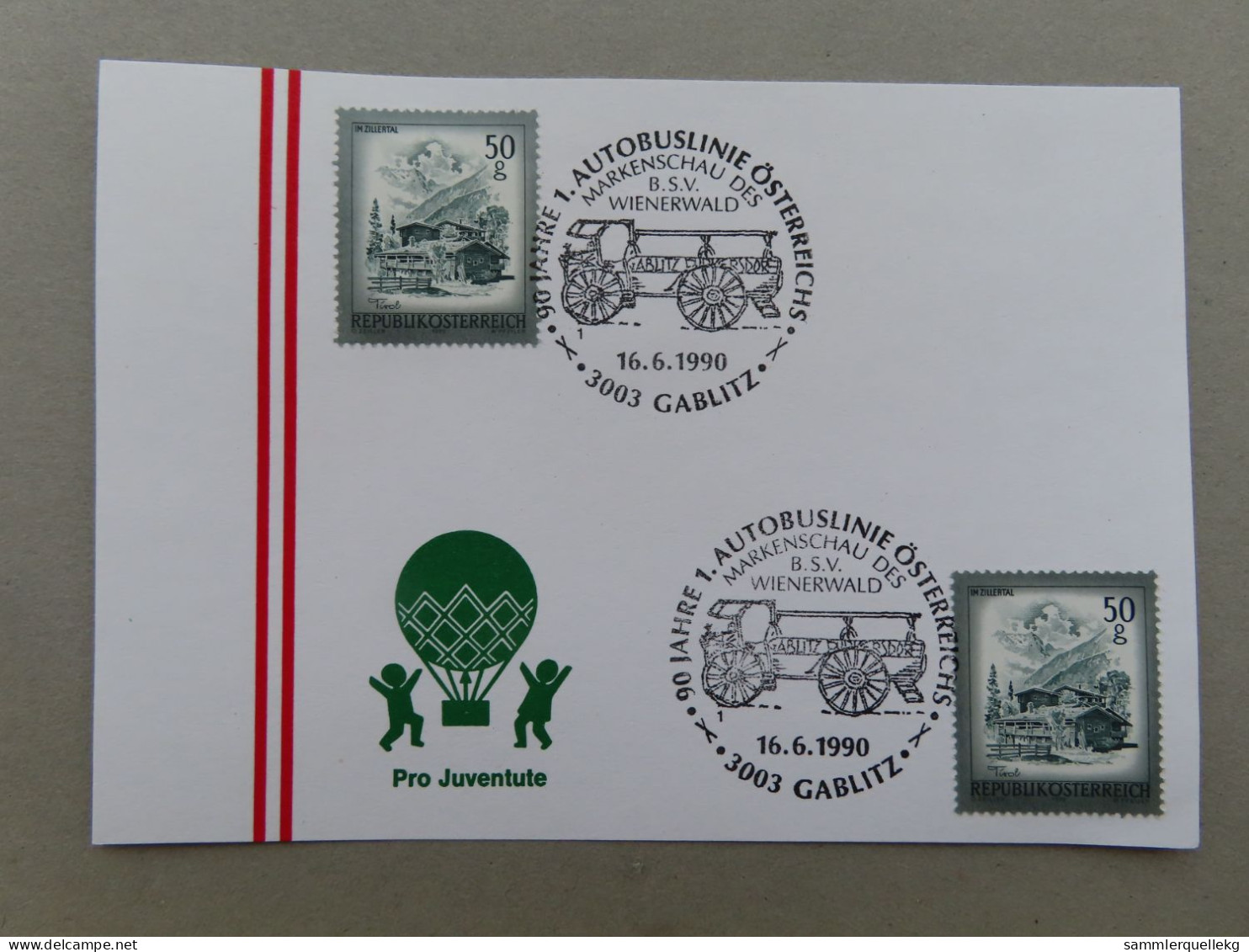 Österreich Pro Juventute - Mit Sonderstempel 16. 6. 1990 Gablitz, 90 Jahre 1. Autobuslinie Österreich (Nr.1246) - Sonstige & Ohne Zuordnung