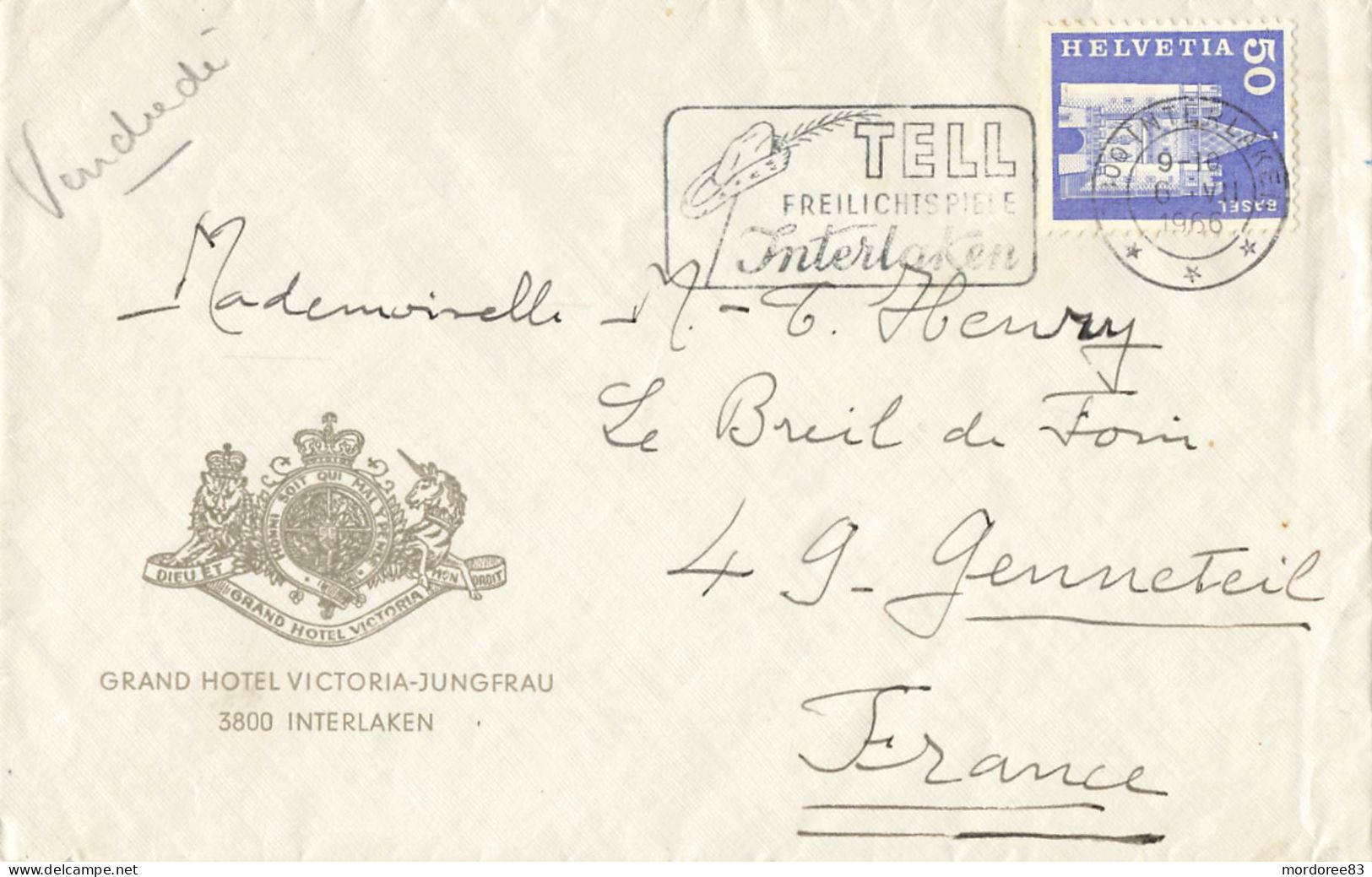 SUISSE LETTRE ENTETE GRAND HOTEL VICTORIA JUNGFRAU INTERLAKEN 6/7/1966 POUR GENNETEIL MAINE ET LOIRE (300ha) - Lettres & Documents