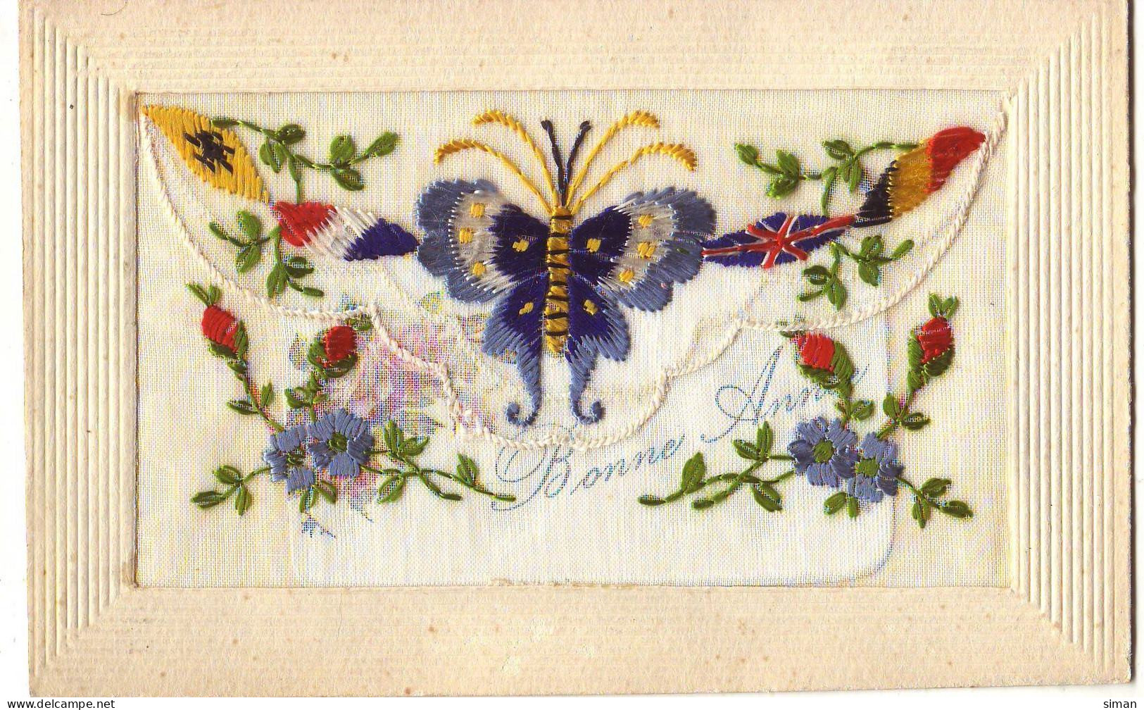 N°17352 - Carte Brodée Avec Rabat - Papillon, Drapeaux Et Fleurs - Bestickt