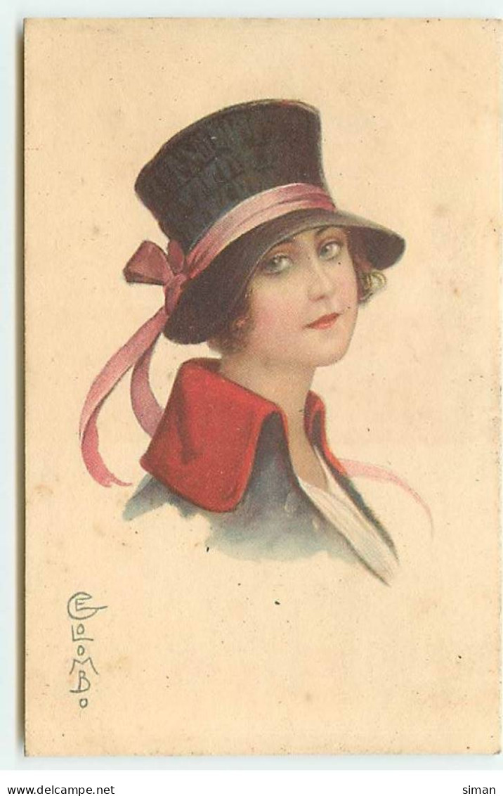 N°22806 - Illustrateur - E. Colombo - Jeune Femme Portant Un Chapeau Avec Un Ruban Rose - Colombo, E.