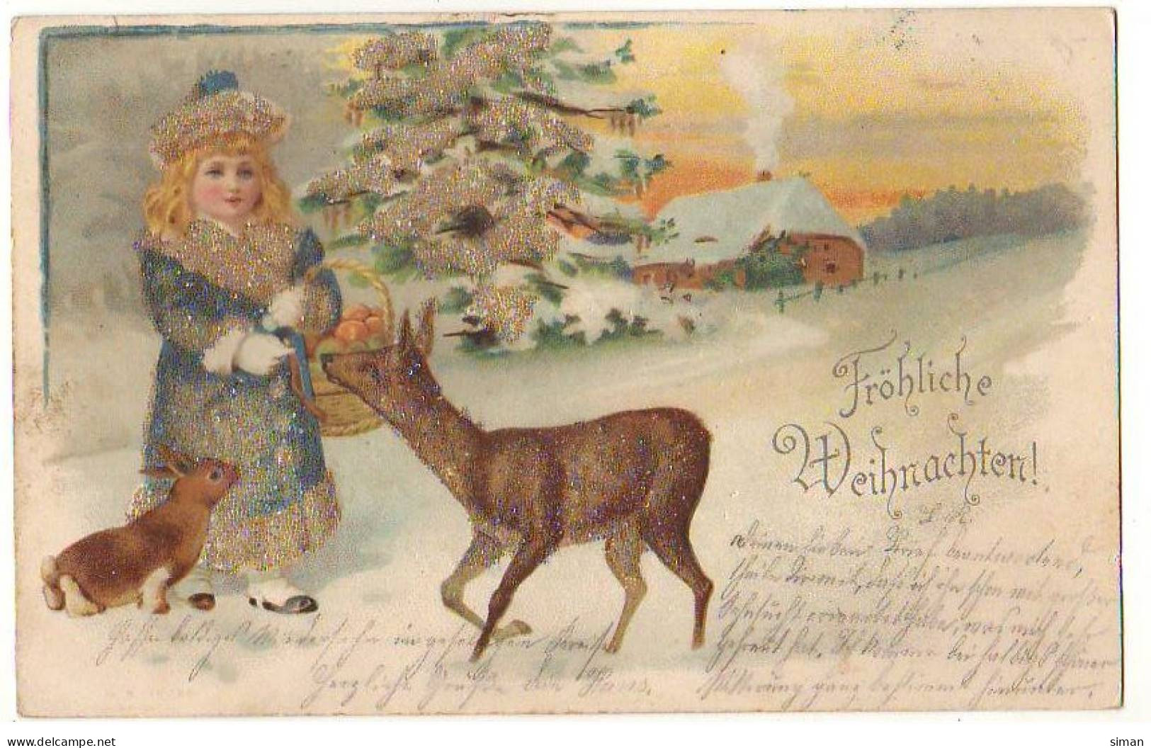 N°22819 - Carte Avec Des Perles - Fröhliche Weihnachten - Faon Et Lapin Près D'une Fillette - Autres & Non Classés