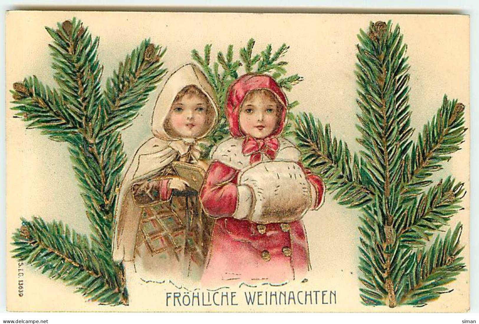 N°22822 - Carte Gaufrée - Noël  - Fröhliche Weihnachten - Fillettes Entourée De Branches De Sapin - Otros & Sin Clasificación