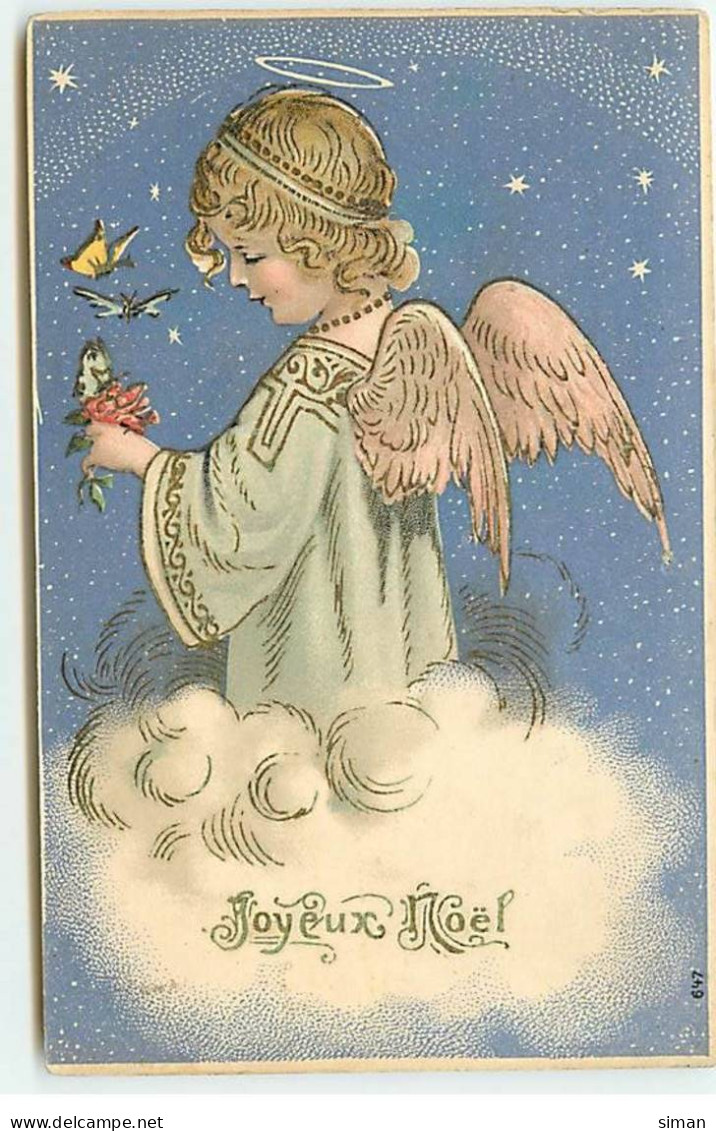 N°20624 - Carte Gaufrée - Joyeux Noël - Ange Sur Un Nuage Avec Des Papillons - Otros & Sin Clasificación