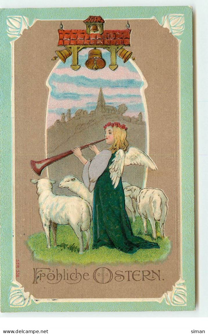 N°17374 - Carte Gaufrée - Fröhliche Ostern - Ange Gardien Entouré De Moutons - Pasen