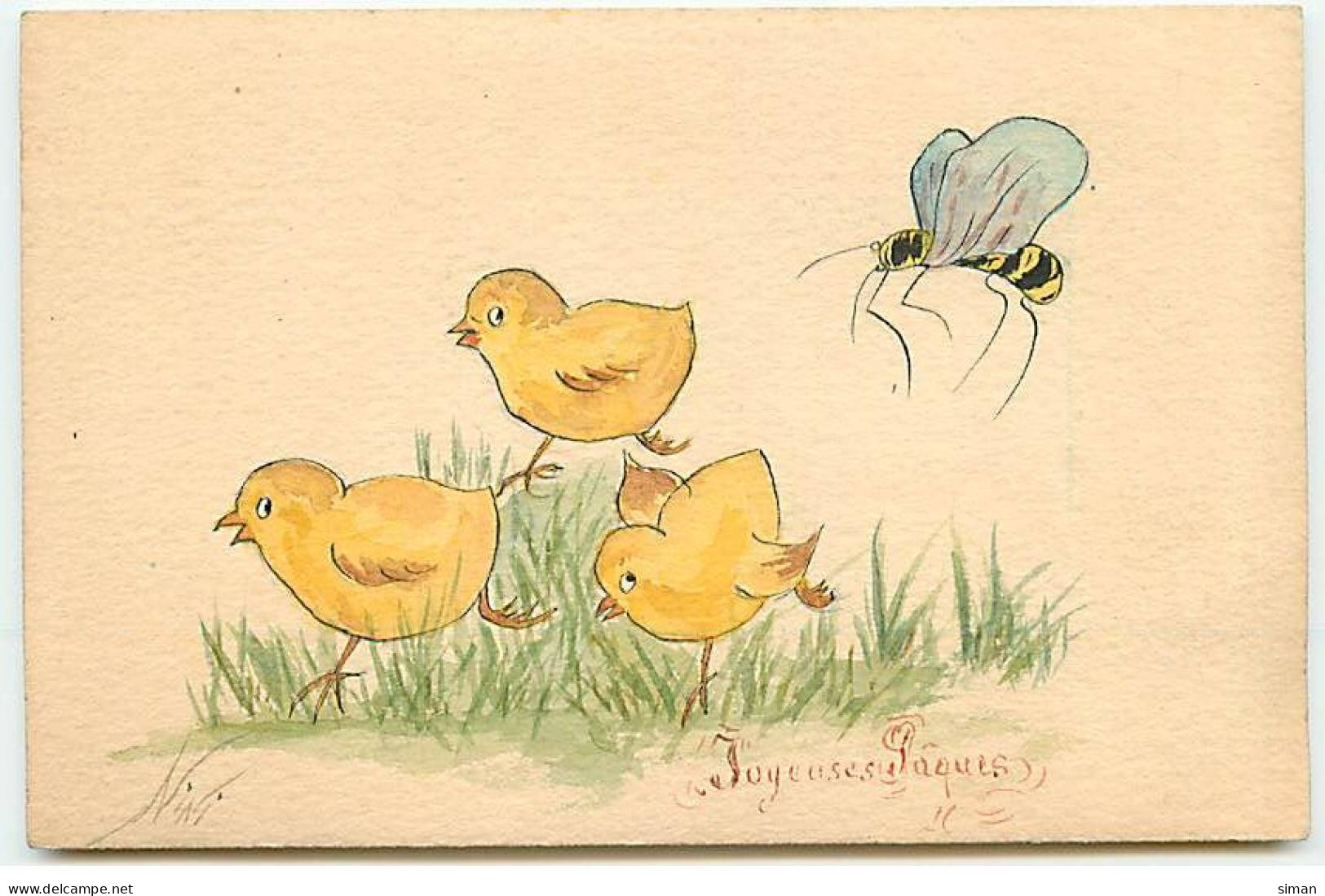 N°22825 - Carte Peinte à La Main - Illustrateur Nini - Joyeuses Pâques - Guêpe Suivant Des Poussins - Ostern