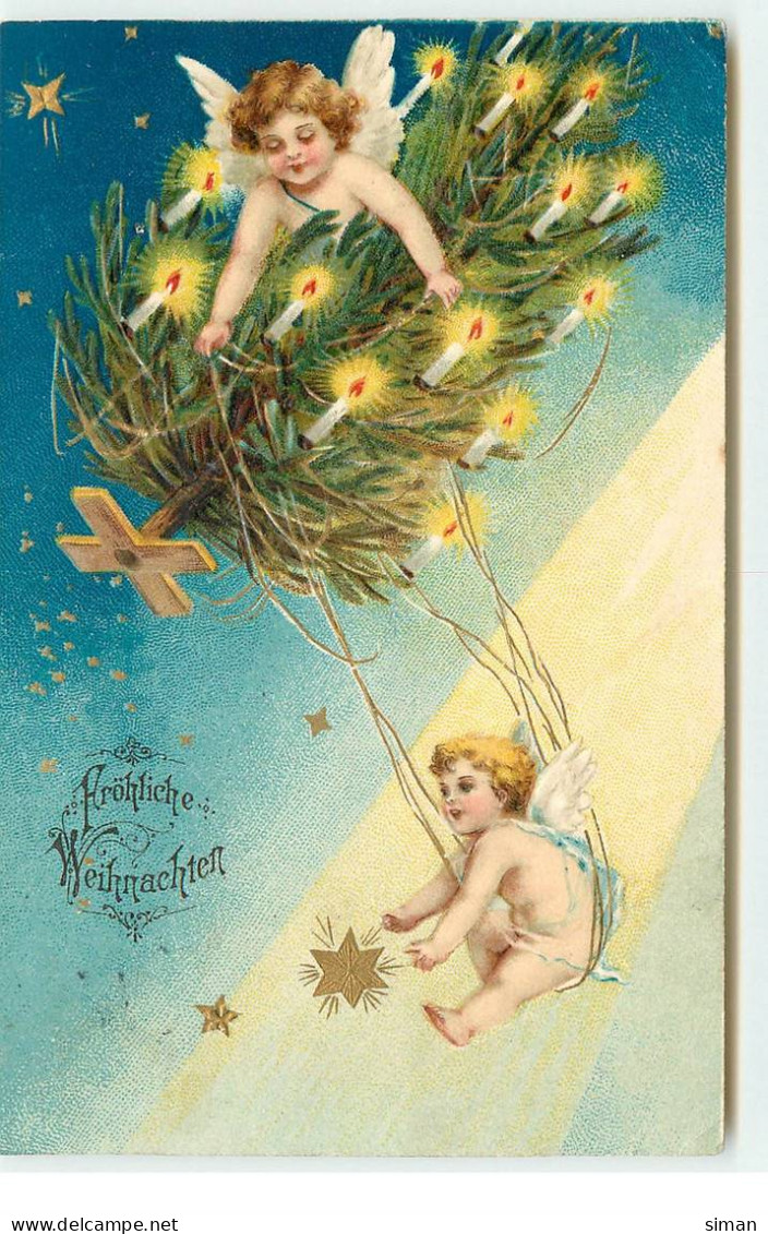 N°17377 - Carte Gaufrée Clapsaddle Fröhliche Weihnachten - Un Ange Portant Un Sapin, Un Autre Faisant De La Balançoire - Autres & Non Classés