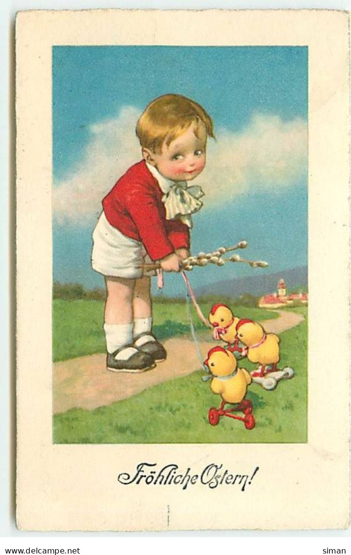 N°22828 - Carte Gaufrée - Pâques - Fröhliche Ostern - Garçon Avec Des Poussins - Pasen