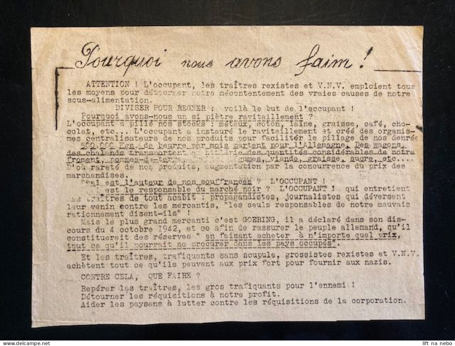 Tract Presse Clandestine Résistance Belge WWII WW2 'Pourquoi Nous Avons Faim!' Printed On Both Sides - Dokumente