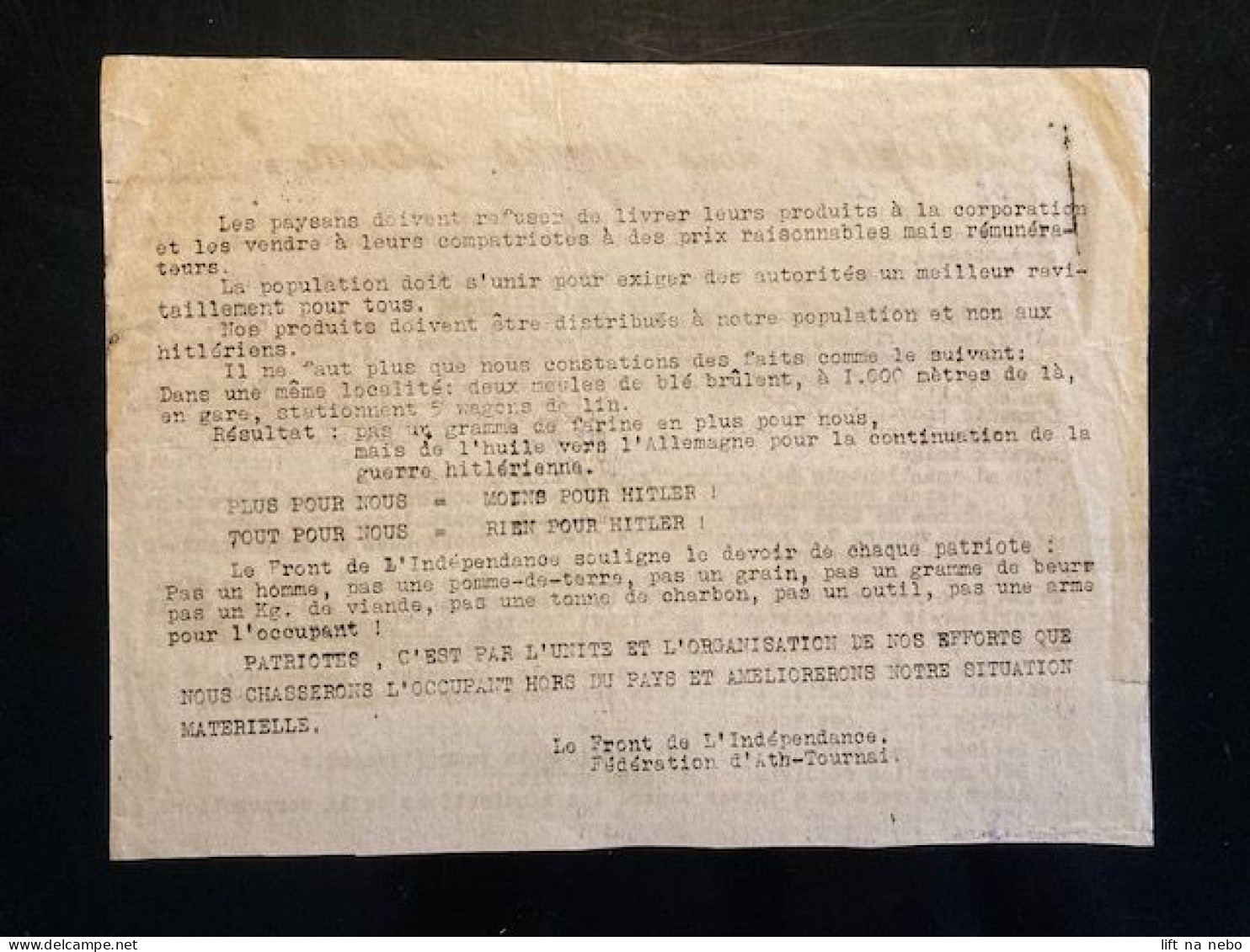 Tract Presse Clandestine Résistance Belge WWII WW2 'Pourquoi Nous Avons Faim!' Printed On Both Sides - Documentos