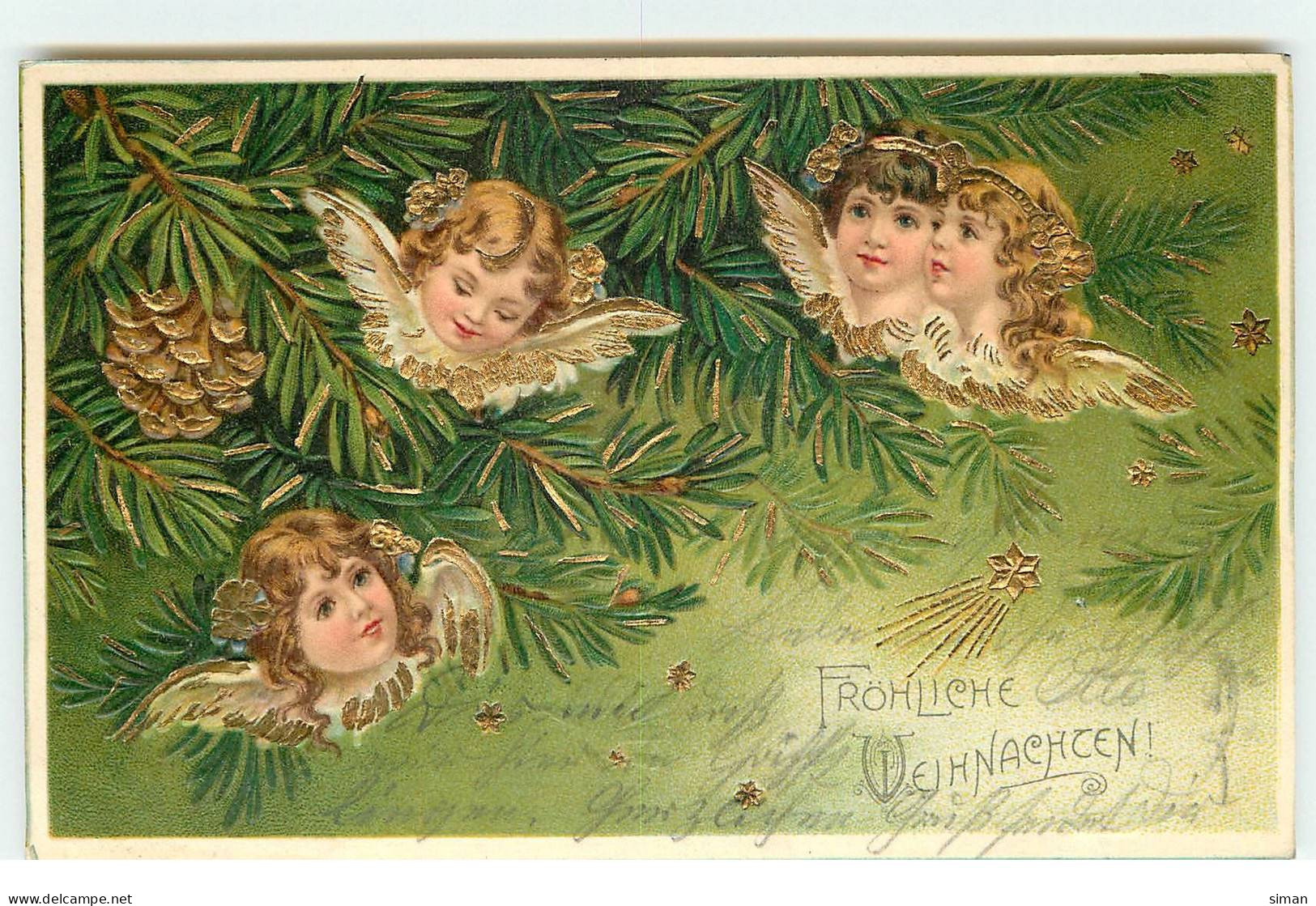 N°17378 - Carte Gaufrée - Fröhliche Weihnachten - Têtes D'anges Dans Un Sapin - Autres & Non Classés