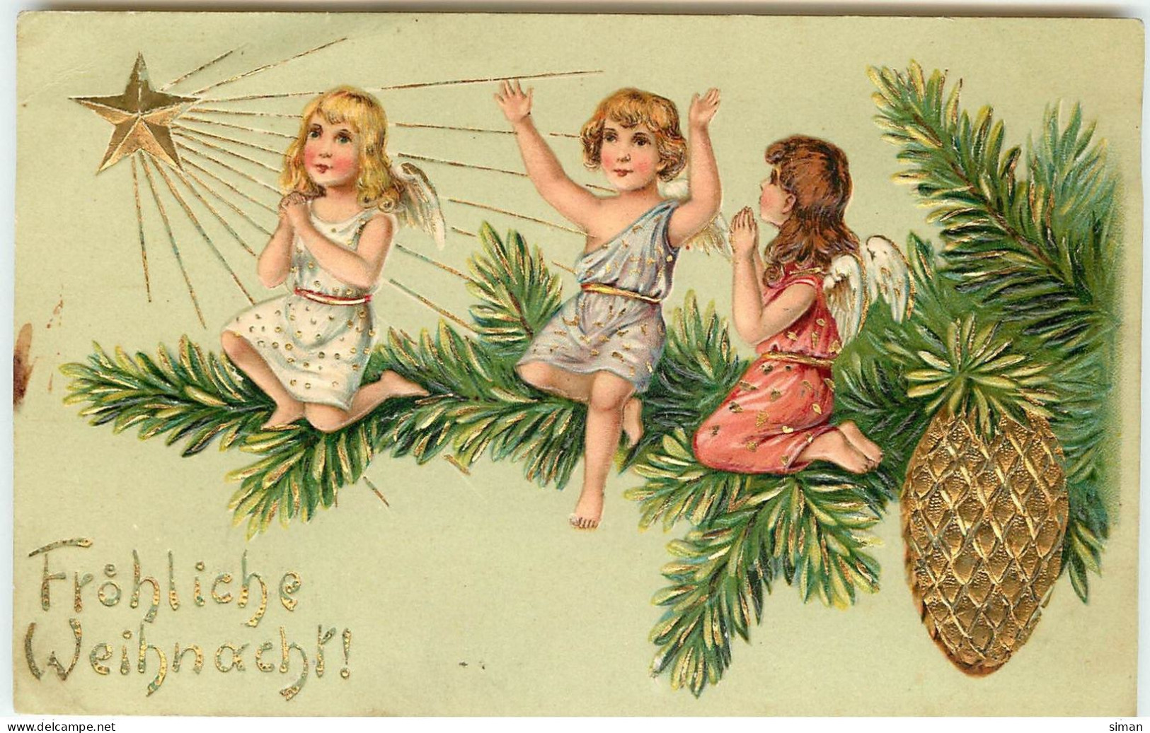 N°15028 - Carte Gaufrée - Fröhliche Weihnacht - Anges Sur Une Branche De Sapin - Autres & Non Classés