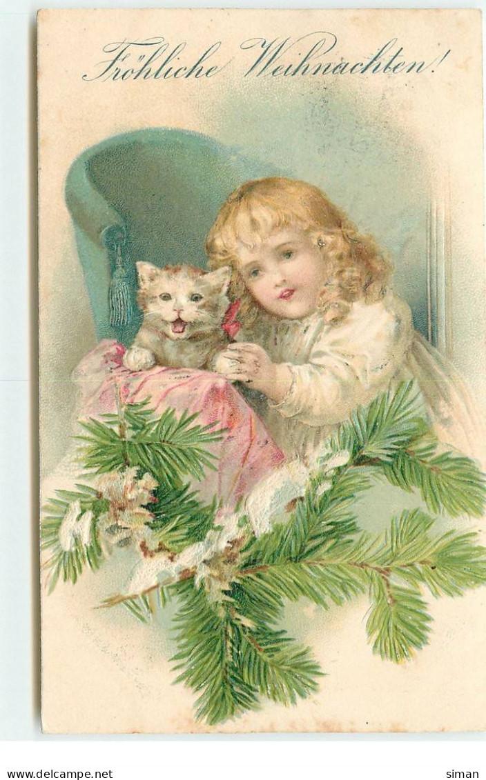 N°17380 - Carte Gaufrée - Fröhliche Weihnachten - Fillette Avec Un Chat - Other & Unclassified