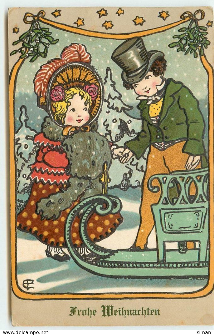 N°15030 - Carte Gaufrée - Fröhe Weihnachten - Jeune Garçon Aidant Une Jeune Fille à Monter Sur Un Traîneau - Autres & Non Classés