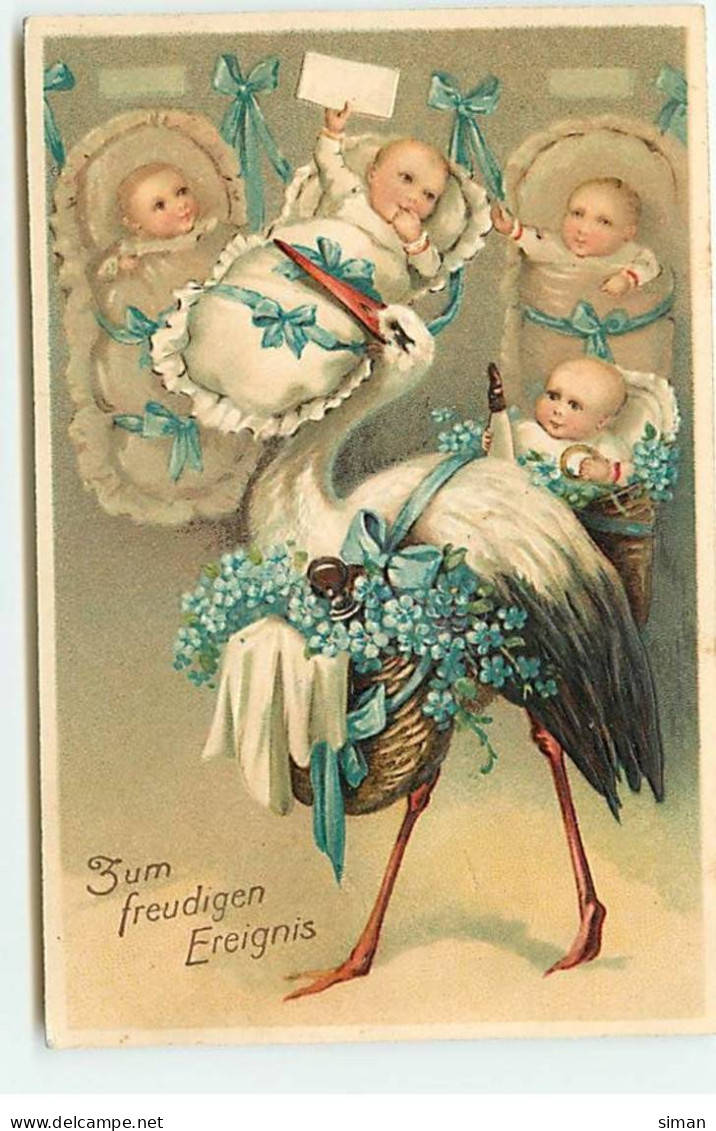 N°20634 - Carte Gaufrée - Zum Freudigen Ereignis - Cigogne Apportant Des Bébés - Bébés