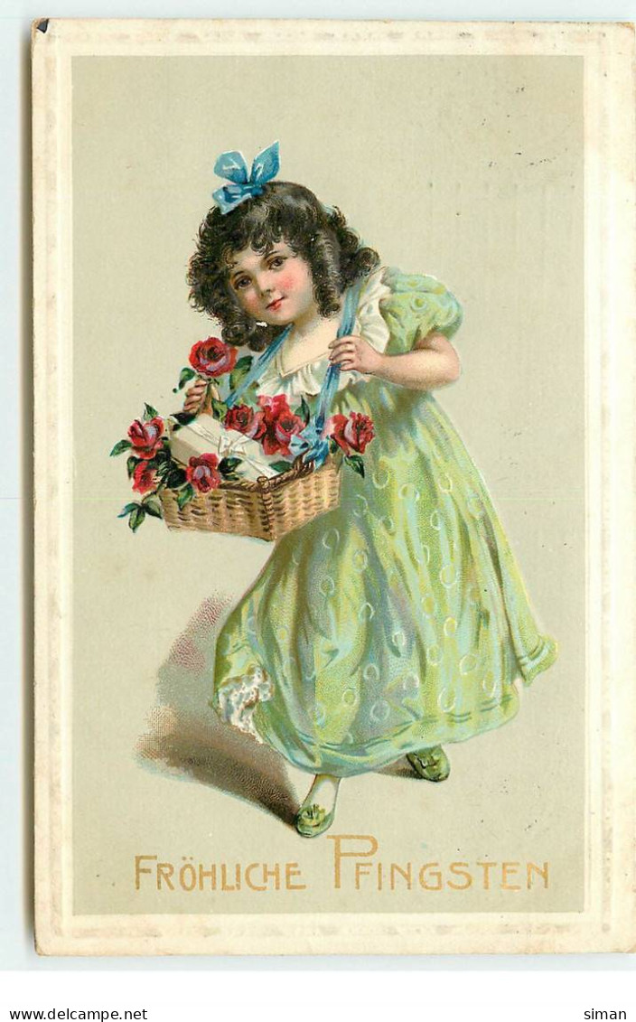 N°17384 - Carte Gaufrée - Fröhliche Pfingsten - Fillette Portant Un Panier Rempli De Fleurs - Pfingsten