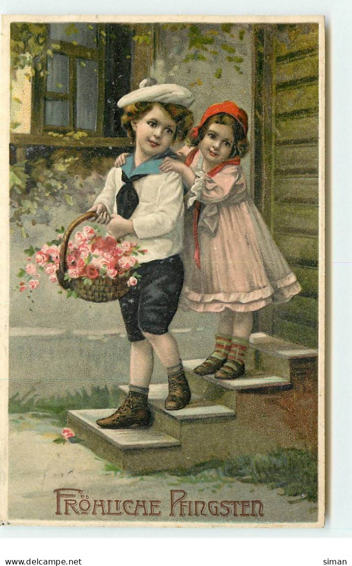 N°17385 - Carte Gaufrée - Fröhliche Pfingsten - Deux Enfants, Le Garçon Portant Un Panier Rempli De Fleurs - Pfingsten