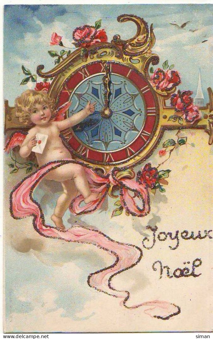 N°15035 - Carte à Paillettes - Joyeux Noël - Ange Montrant Une Pendule - Otros & Sin Clasificación