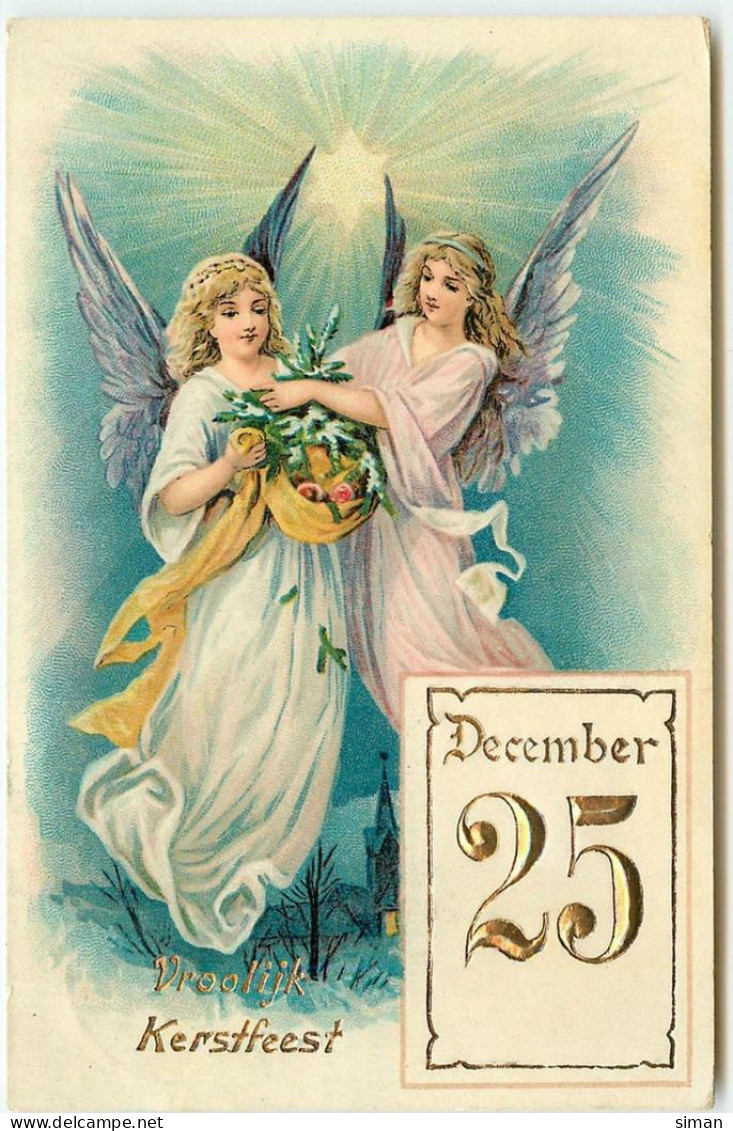 N°15036 - Carte Gaufrée - Vroolijk Kerstfeest - Anges Gardiens - Sonstige & Ohne Zuordnung