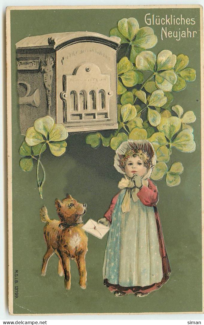N°16236 - Carte Gaufrée - Glückliches Neujahr - Fillette Voulant Poster Une Lettre, Un Chien à Côté D'elle - Poste - Anno Nuovo
