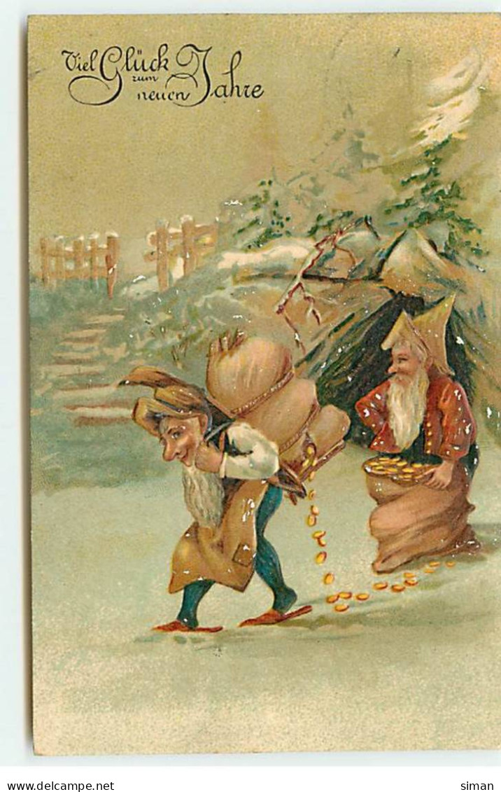 N°18387 - Carte Gaufrée - Viel Glück Im Neuen Jahre - Nains Portant Des Sacs De Pièces D'or - Anno Nuovo