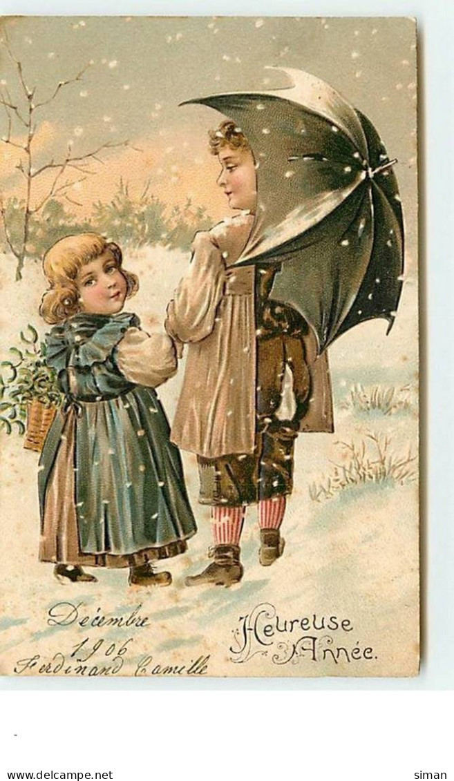 N°12837 - Carte Gaufrée - Heureuse Année - Enfants Sous La Neige - Anno Nuovo