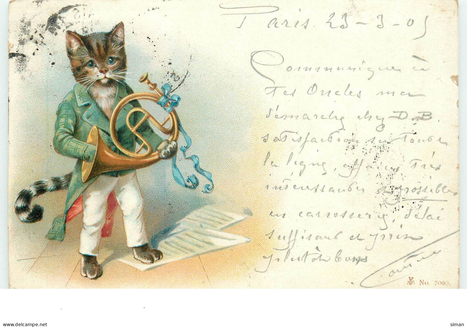 N°16240 - Chat Habillé Jouant D'un Cor De Chasse - Animaux Habillés