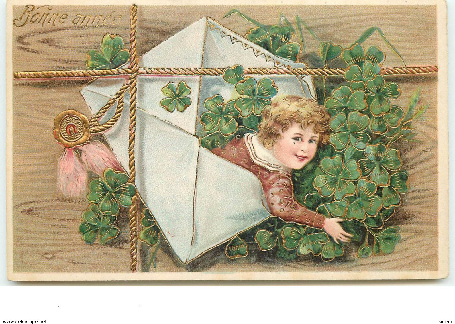 N°15040 - Carte Fantaisie - Bonne Année - Garçon Sortant D'une Enveloppe Avec Plein De Trèfles - Anno Nuovo