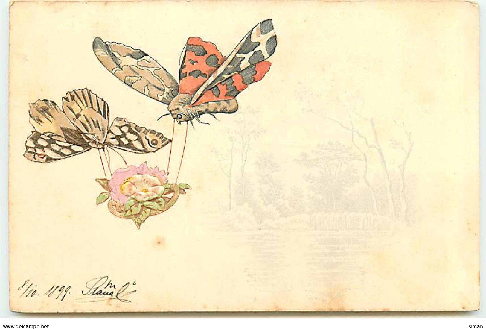 N°22842 - Carte Gaufrée - Animaux - 2 Papilllons Portant Des Fleurs - Papillons