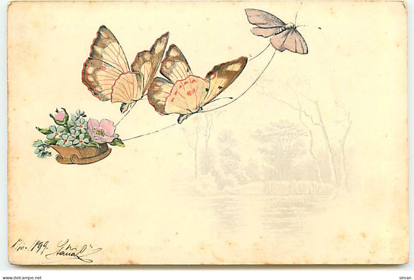 N°22843 - Carte Gaufrée - Animaux - 3 Papilllons Portant Des Fleurs - Papillons