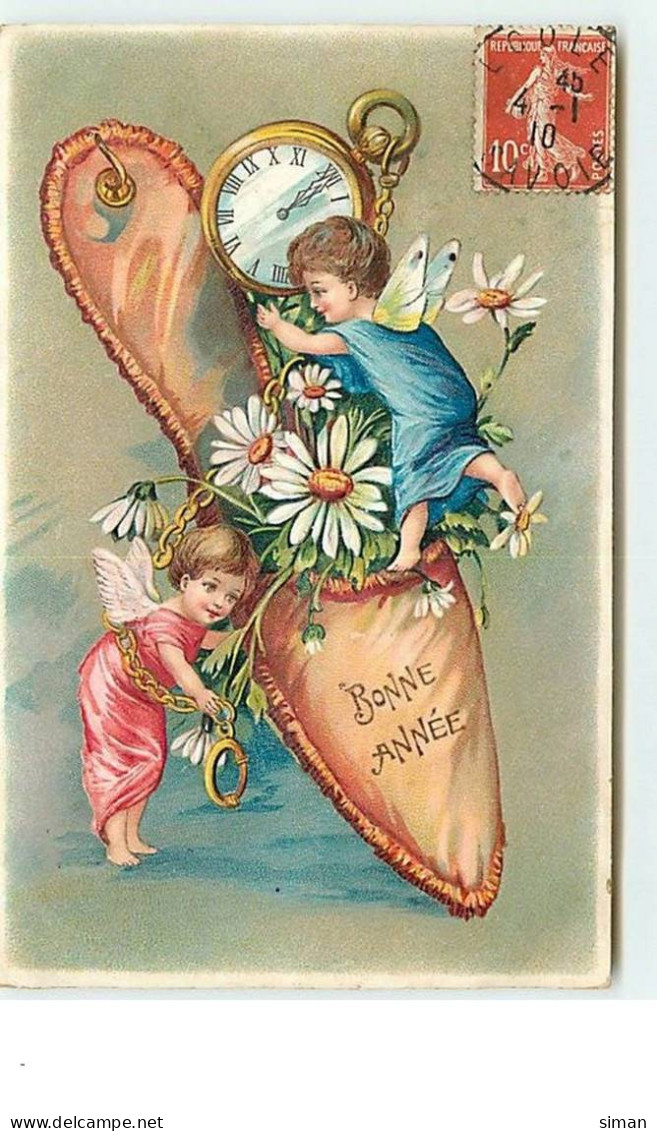 N°12844 - Carte Gaufrée - Bonne Année - Angelots Mettant Des Fleurs Dans Une Chaussure - Anno Nuovo
