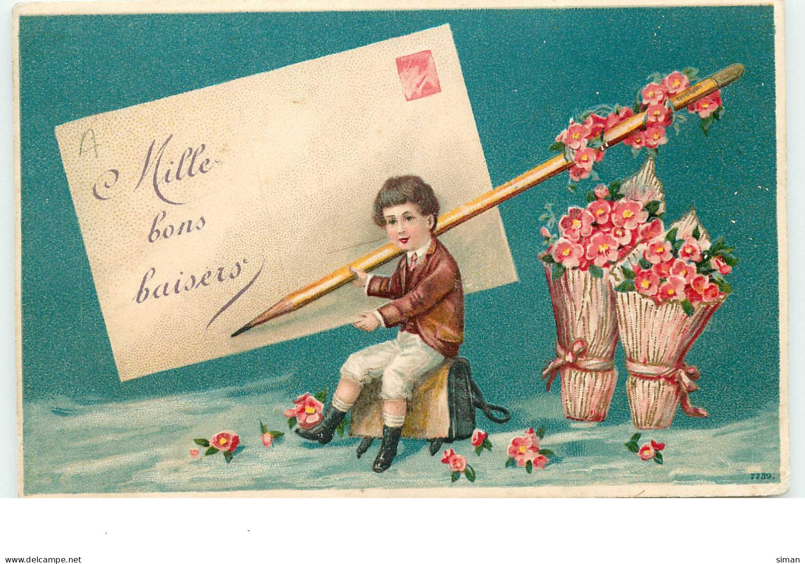 N°16247 - Carte Gaufrée - Mille Bons Baisers - Garçon Tenant Un Crayon Décoré De Fleurs - Carte Postale - Deltiologie - Autres & Non Classés